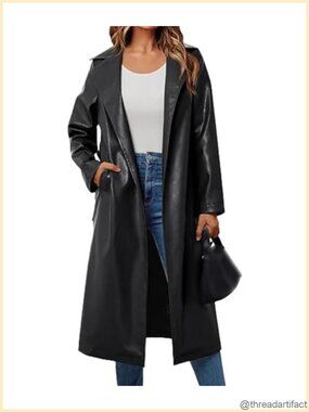 Faux Leather Maxi Trench Coat Belted Notched Lapel Long Overcoat